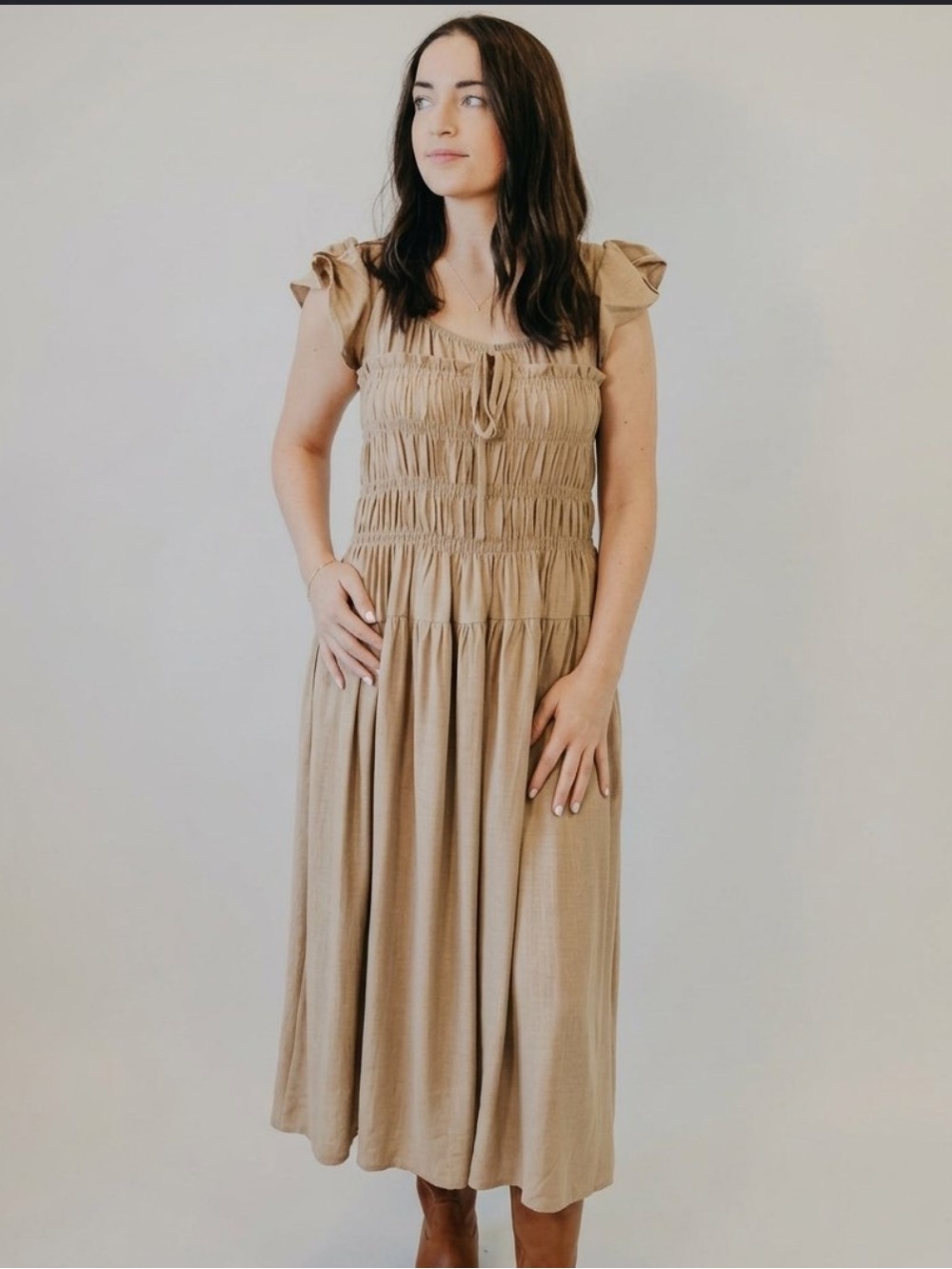 Blu Pepper Cream Smocked Maxi Dress with Ruffle Cap Sleeves